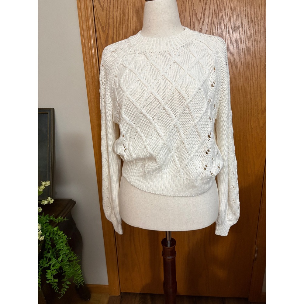 LOFT White Diamond Cable Knit Pointelle Sleeve Crew Neck Sweater Small Win24